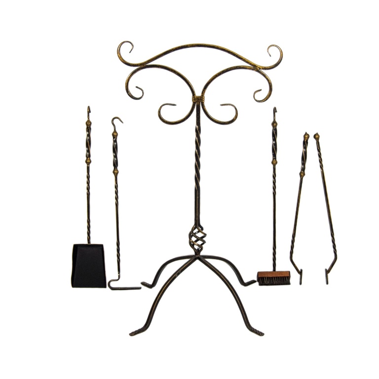 Каминный набор Спирали, 4 предмета на подставке: кочерга, щипцы, совок, метелка, цвет бронза, сталь, Россия (Фото №2)
