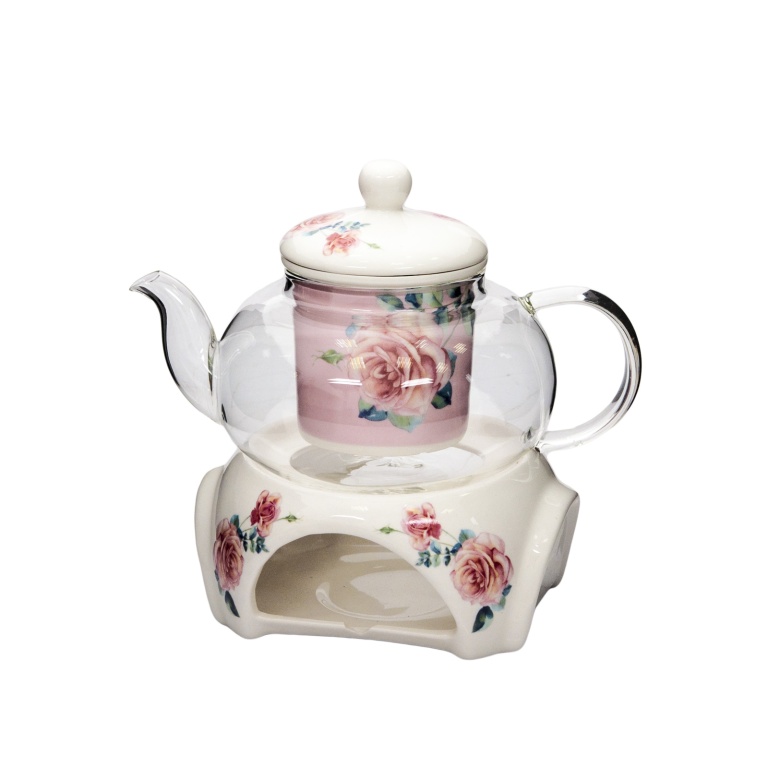 Чайник заварочный 0,8 л, стеклянный с керамическим ситом и подставкой для подогрева, Алая роза - фото 