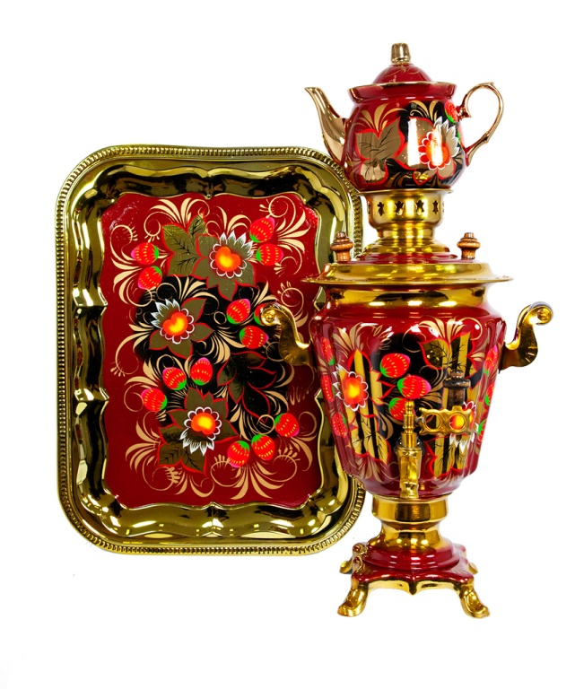 Самовар электрический 3 л в наборе, Золотой цветок на красном фоне, конус - фото 